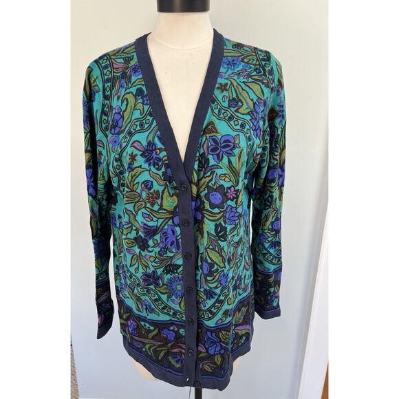 Isaac Mizrahi Sweater Button Up Longer Length Cardigan Floral Teal Blue SZ LG - Picture 1 of 6